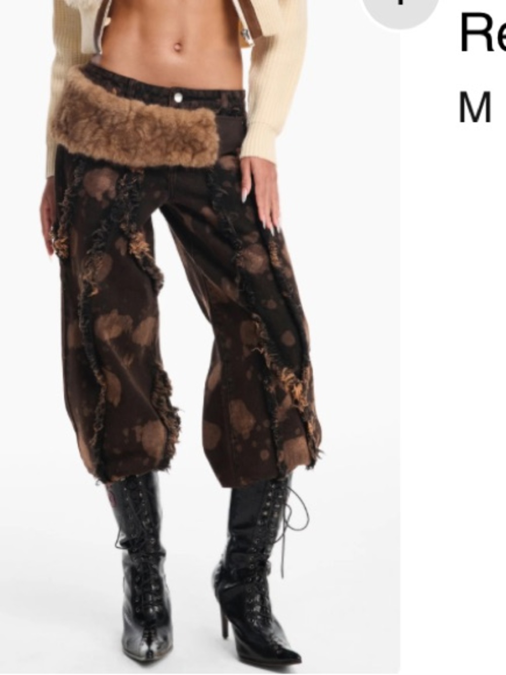 Brown Distressed Wide-Leg Crop Jeans with Fur Accent